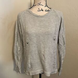 Benjamin Jay Gray Distressed Ripped Pullover Sweatshirt Boho Contemporary Casual